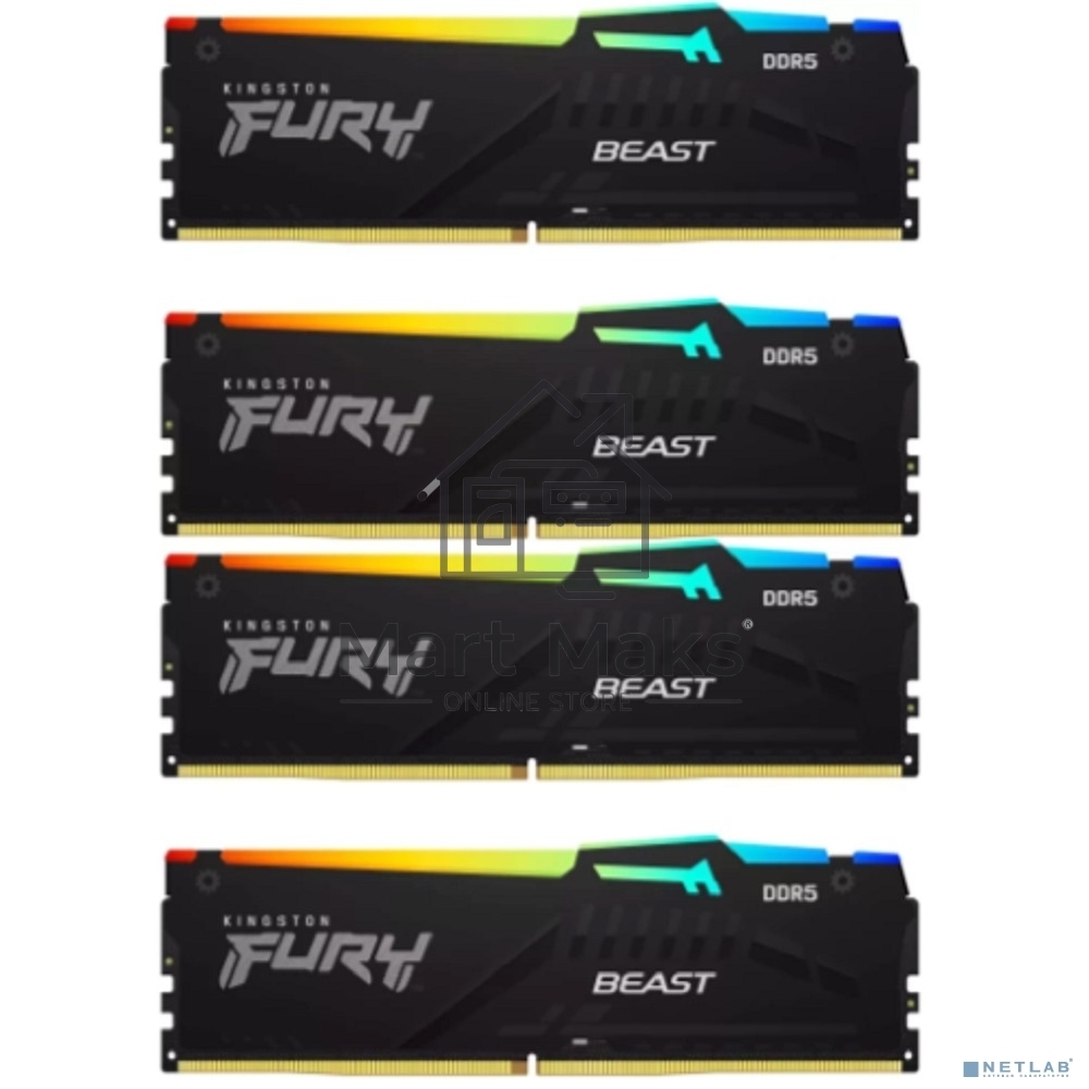 Оперативная память Kingston Fury Beast, DDR5, 64Gb (4x16GB), 5200MHz, CL40, DIMM, с радиаторами, RGB, черный