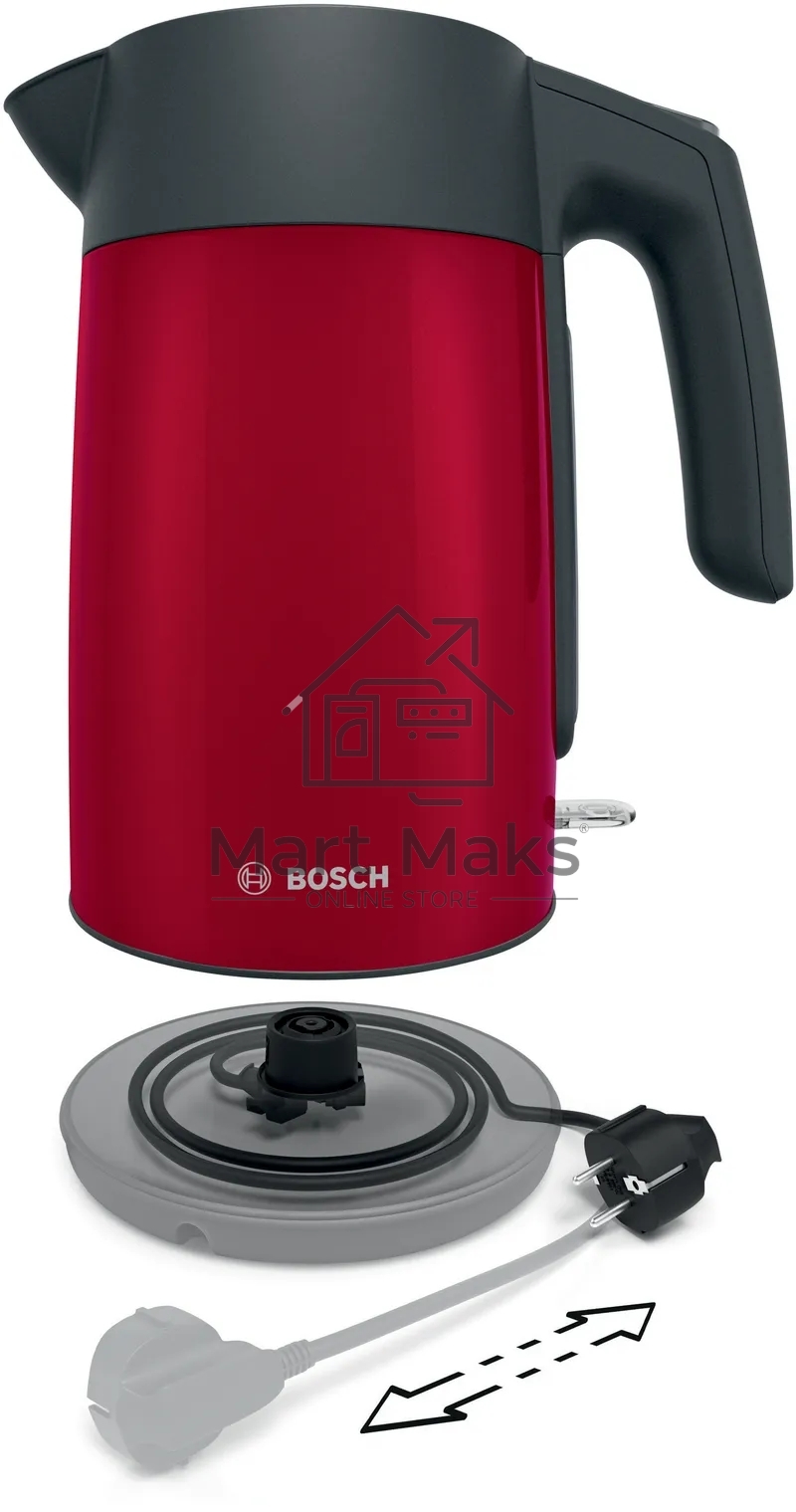 Чайник Bosch TWK7L464, 1.7л, 2400 Вт., нерж.сталь, покрытая эмалью, красный,шкала уровня воды