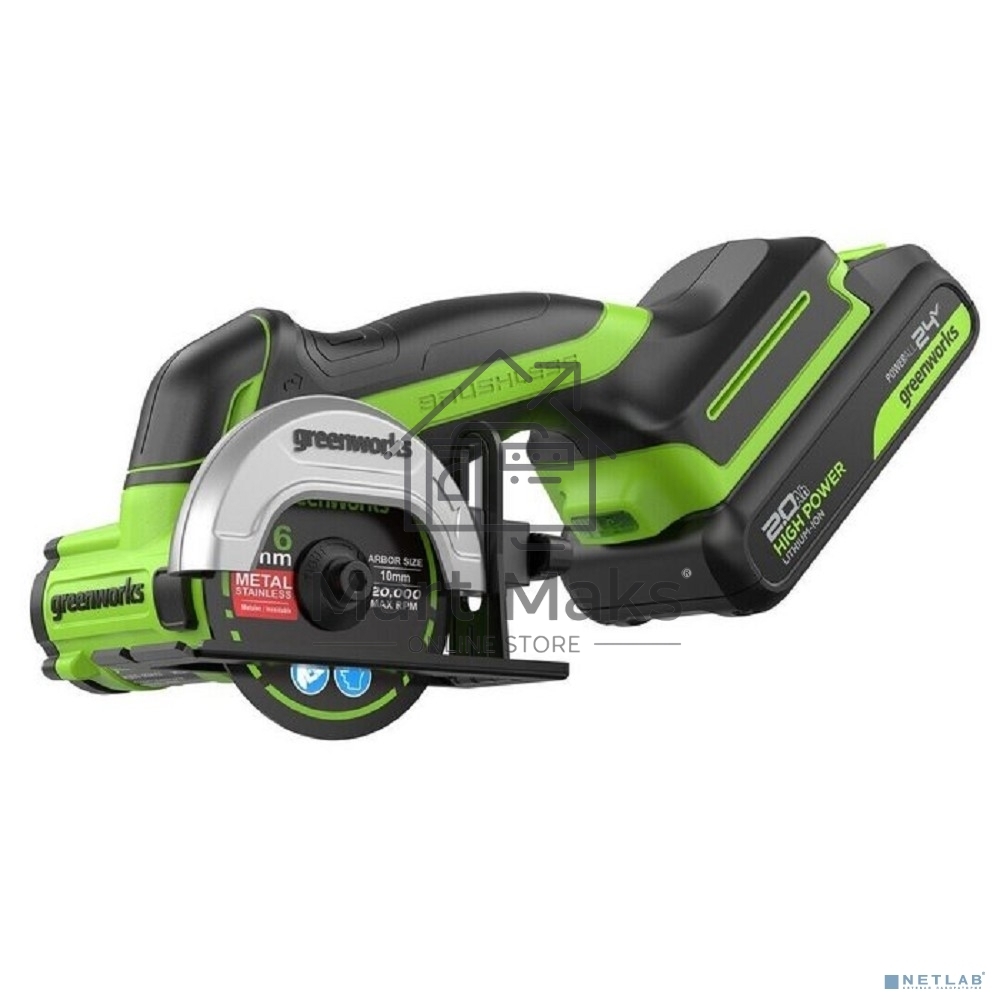 Угловая шлифовальная машина аккумуляторная GreenWorks GD24UCS, 24V, б/щет, 20000 об/мин,76 мм, рез 18 мм,1х2Ач,ЗУ,кор 3402007CUA