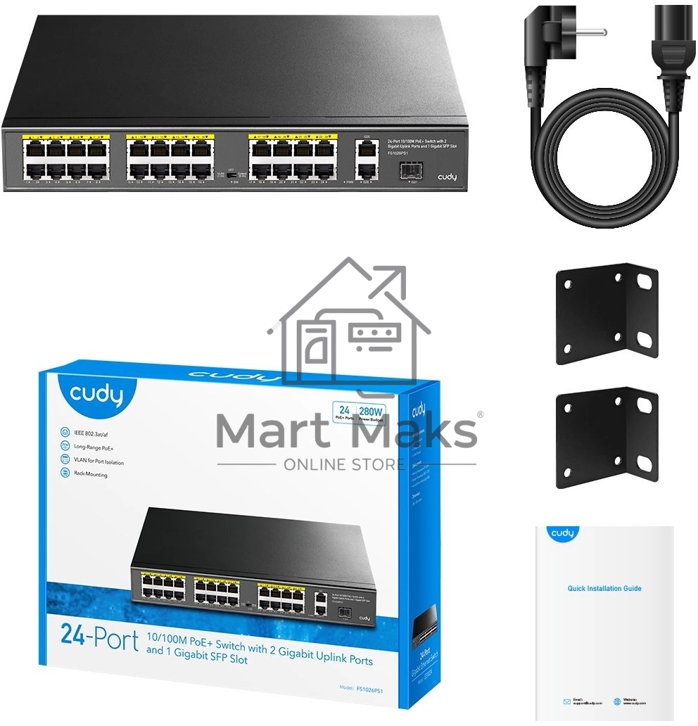 Коммутатор Cudy FS1026PS1, (L2) 24x100Мбит/с 2x1Гбит/с, 1SFP, 24PoE, 24PoE+ 300W, неуправляемый