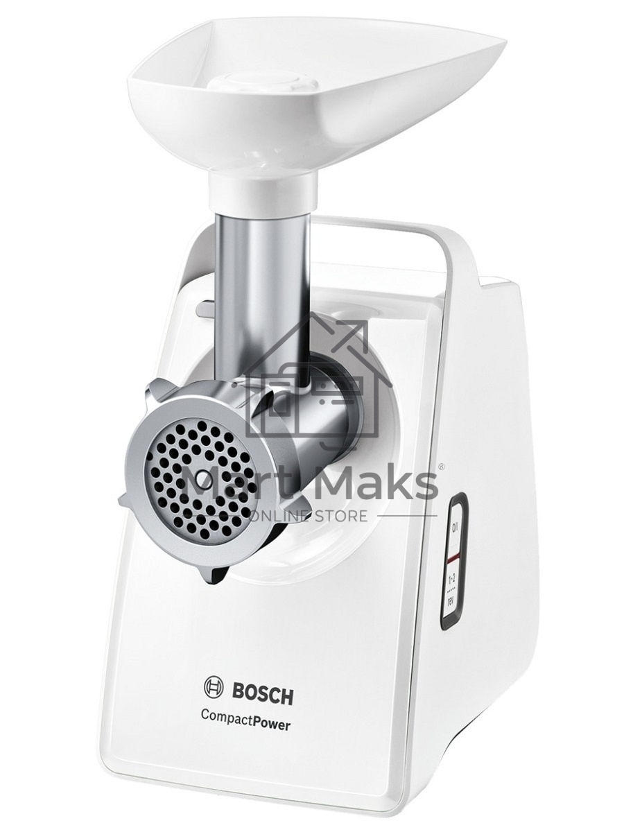 Мясорубка Bosch MFW3X13W CompactPower,2000Вт, 2,5 кг/мин, белый, механическая защ ита от перегрузки, 2 скор., реверс.Комплект: 2 диска для фарша, насадка для колбасок, насадка-терка (3 барабана)