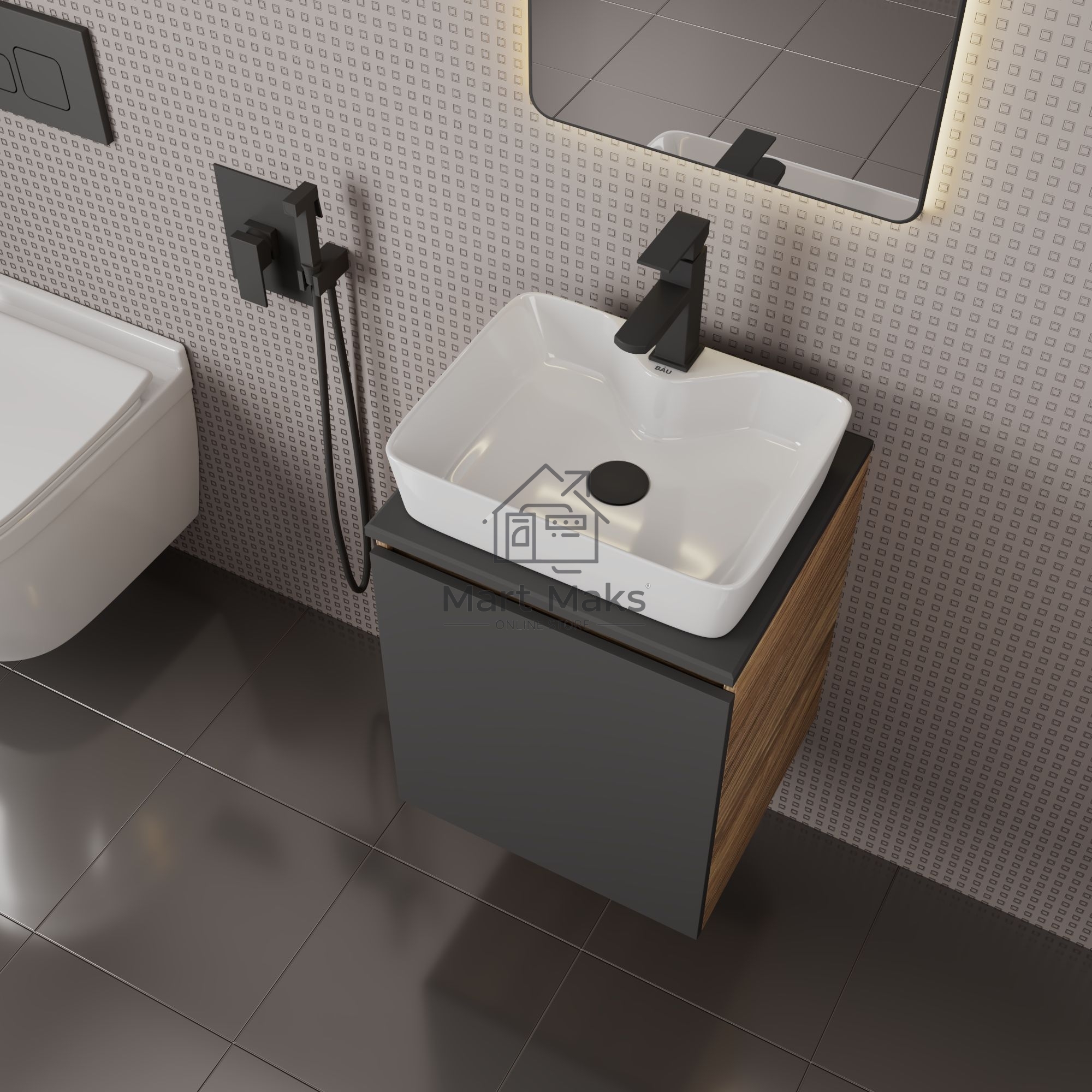 Тумба Bau Dream Blackwood 50 графит, раковина BAU Cerama 48х37 белая, смеситель Hotel Black, черный, выпуск клик клак черный