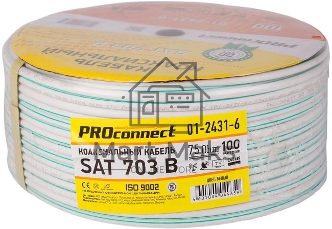 Кабель коаксиальный PROconnect SAT 703 B, Cu/Al/Cu, 64%, 75 Ом, бухта 100 м, белый