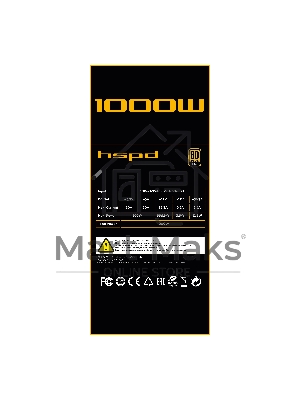 Блок питания Power Supply HSPD, 1000W 80 PLUS Gold (ATX, 3.1, PCIe 5.1, Full modular, 1x24(20+4)pin 600мм, 2xCPU 8(4+4)pin 700мм, 2xPCIe*2 8(6+2)pin 550+150мм, 1x12V(2x6) 12+4pin 600W 550мм 2xSATA*3 500+150+150мм, 1xMOLEX4pin*3+FDD 500+150+150+150мм, Acti