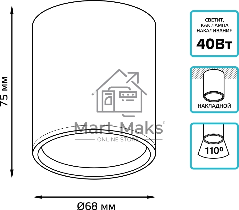 Светильник GAUSS Overhead накл цил 6W 420lm 4100K 170-240V IP20 68*75мм белый с расс LED