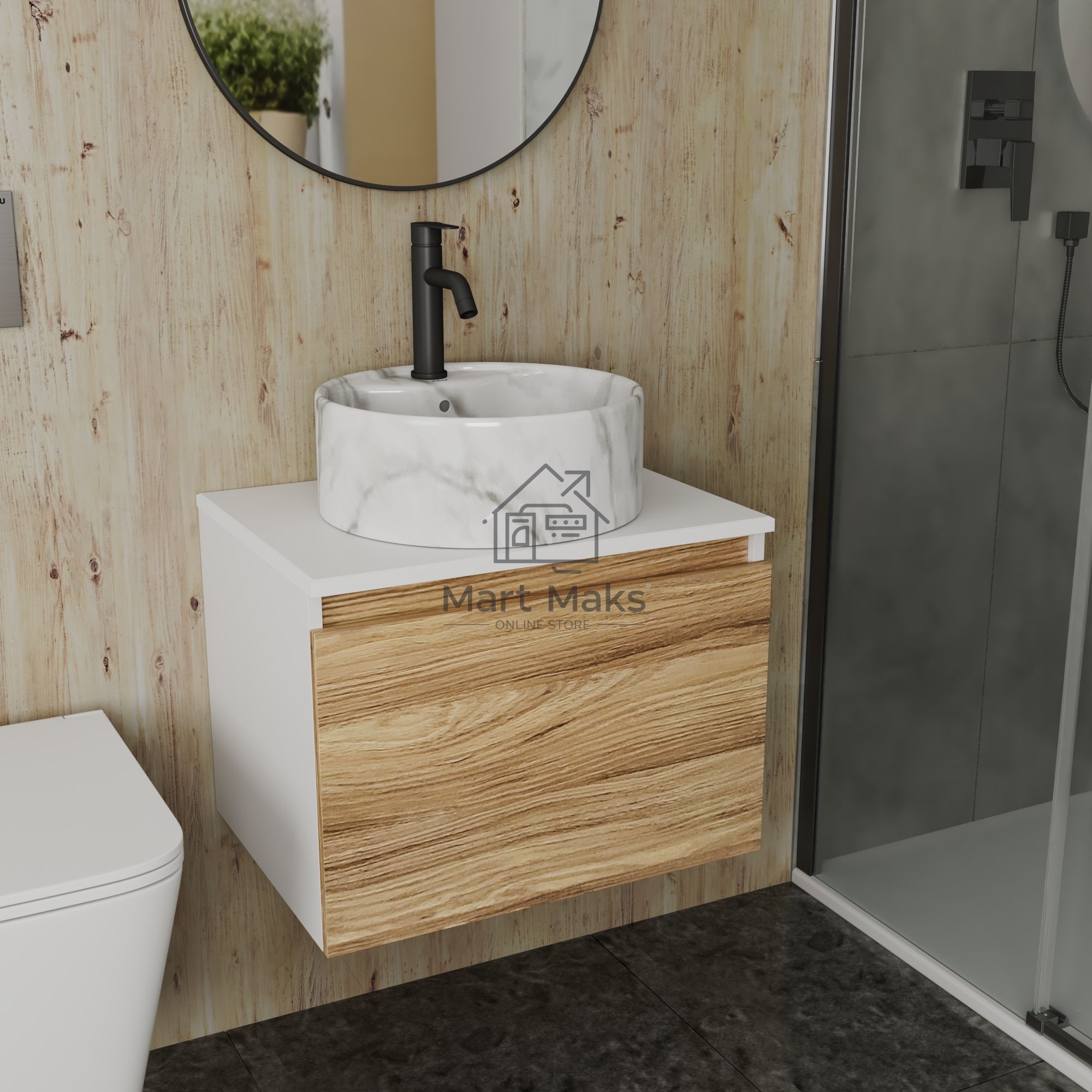 Комплект: тумба Bau Dream Blackwood 60, 1 ящик, Раковина круглая накладная BAU Element D41, мрамор, смеситель Hotel Dream Black, черный матовый