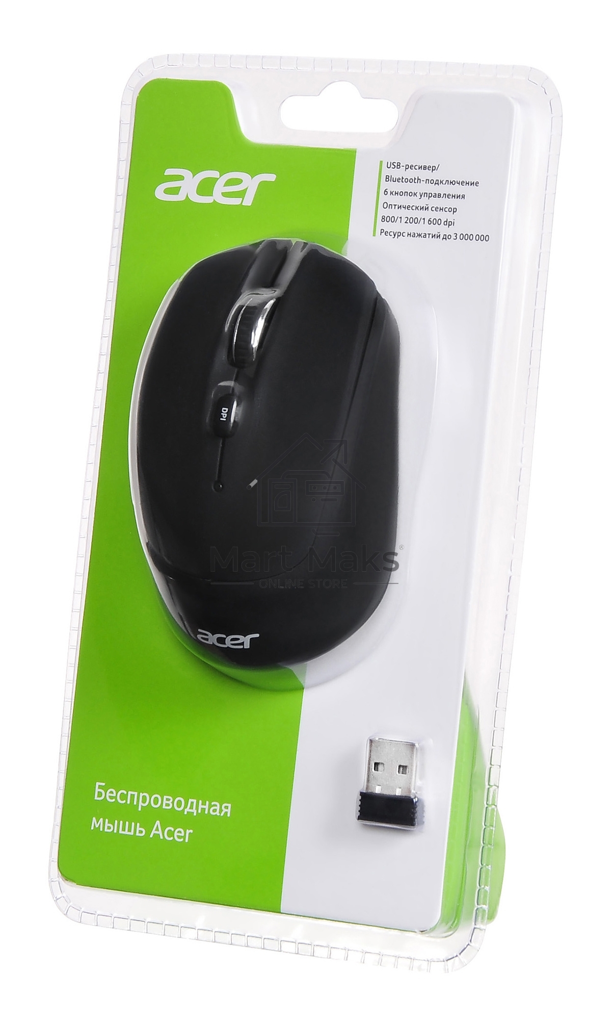 Мышь беспроводная Acer OMR050 черный, 1600 dpi, радиоканал, Bluetooth, USB, кнопки - 6