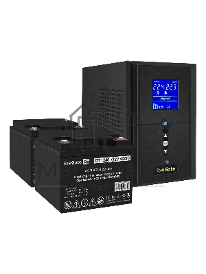 Комплект ИБП EX295987RUS + батарея 40Aч EX282976RUS 2шт (инвертор, синус, для котла) ExeGate SineTower SZ-1000.LCD.AVR.2SH.1C13.USB <1000VA/800W, чистый синусоида, LCD дисплей, AVR, 2*Schuko+1*C13, USB, линейно-интерактивный, черный> + батарея ExeGate DT 