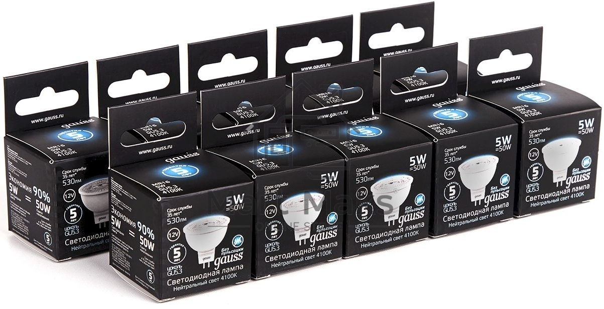 Лампа светодиодная Gauss Black 5Вт цок.:GU5.3 рефлектор 12B 4100K св.свеч.бел.ней. MR16 (упак.:10шт) (201505205)