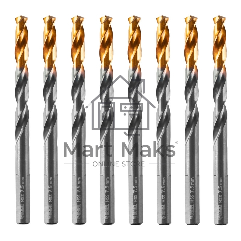 Сверло по металлу, 7,5 мм, HSS-Tin, Golden Tip, 8 шт. Denzel