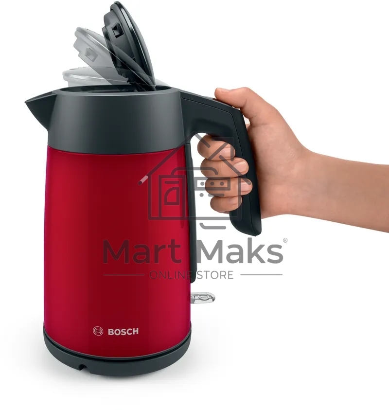 Чайник Bosch TWK7L464, 1.7л, 2400 Вт., нерж.сталь, покрытая эмалью, красный,шкала уровня воды