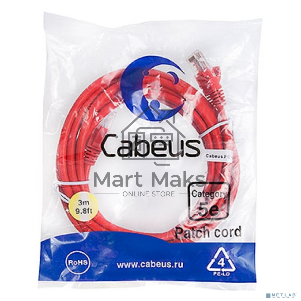 Шнур коммутационный Cabeus, Cat.5e, неэкр., U/UTP, RJ45/RJ45, LSZH, AWG24, 3м, красный