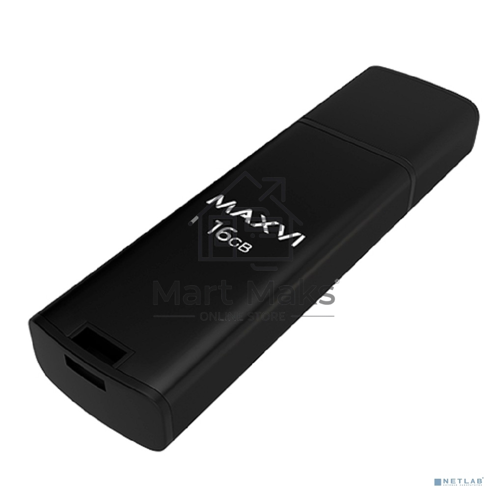 Флешка USB R/W Maxvi MP2 16Gb USB 2.0 black, монолит с колпачком, ABS пластик + металл