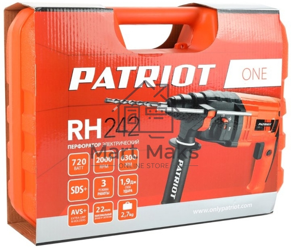 Перфоратор PATRIOT THE ONE RH 242, SDS+, 1.9Дж, 720Вт, 0-2000об/мин, 0-6300уд/мин