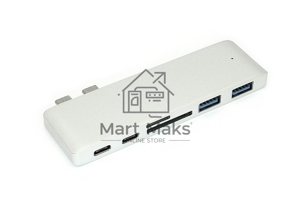 Адаптер сдвоенный Type C на USB 3.0*2 + Type C* 2 + SD/TF для MacBook, серебристый