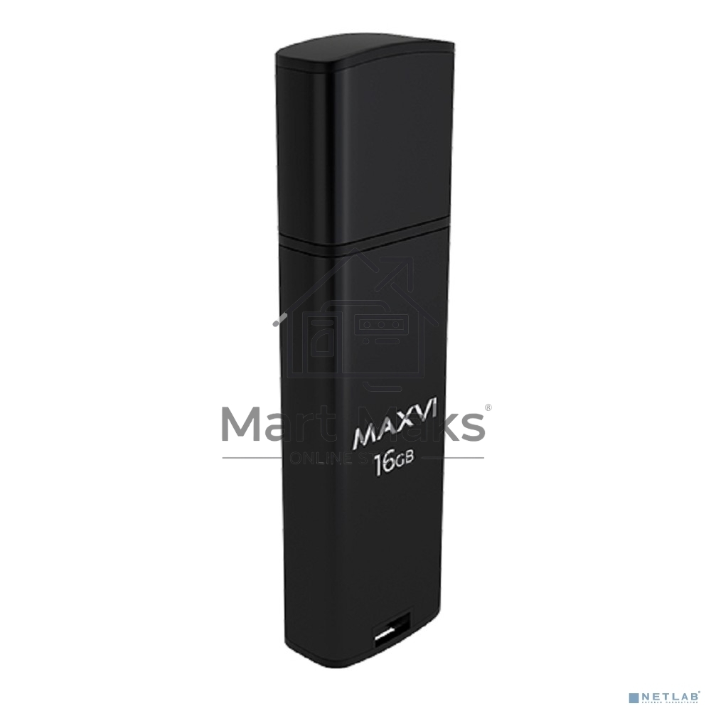 Флешка USB R/W Maxvi MP2 16Gb USB 2.0 black, монолит с колпачком, ABS пластик + металл
