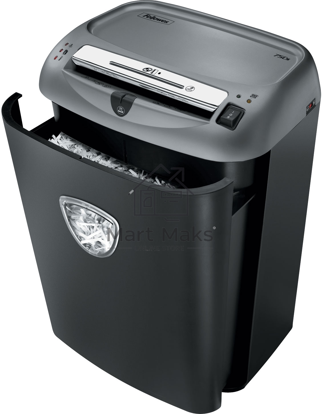 Шредер Fellowes Powershred 75Cs FS-46750 (FS-4675001/FS-4675002) авт., 3.9х50мм, 12лст., 27лтр., уничтожает: скобы, карты, скрепки, CD, селектор кол-ва листов