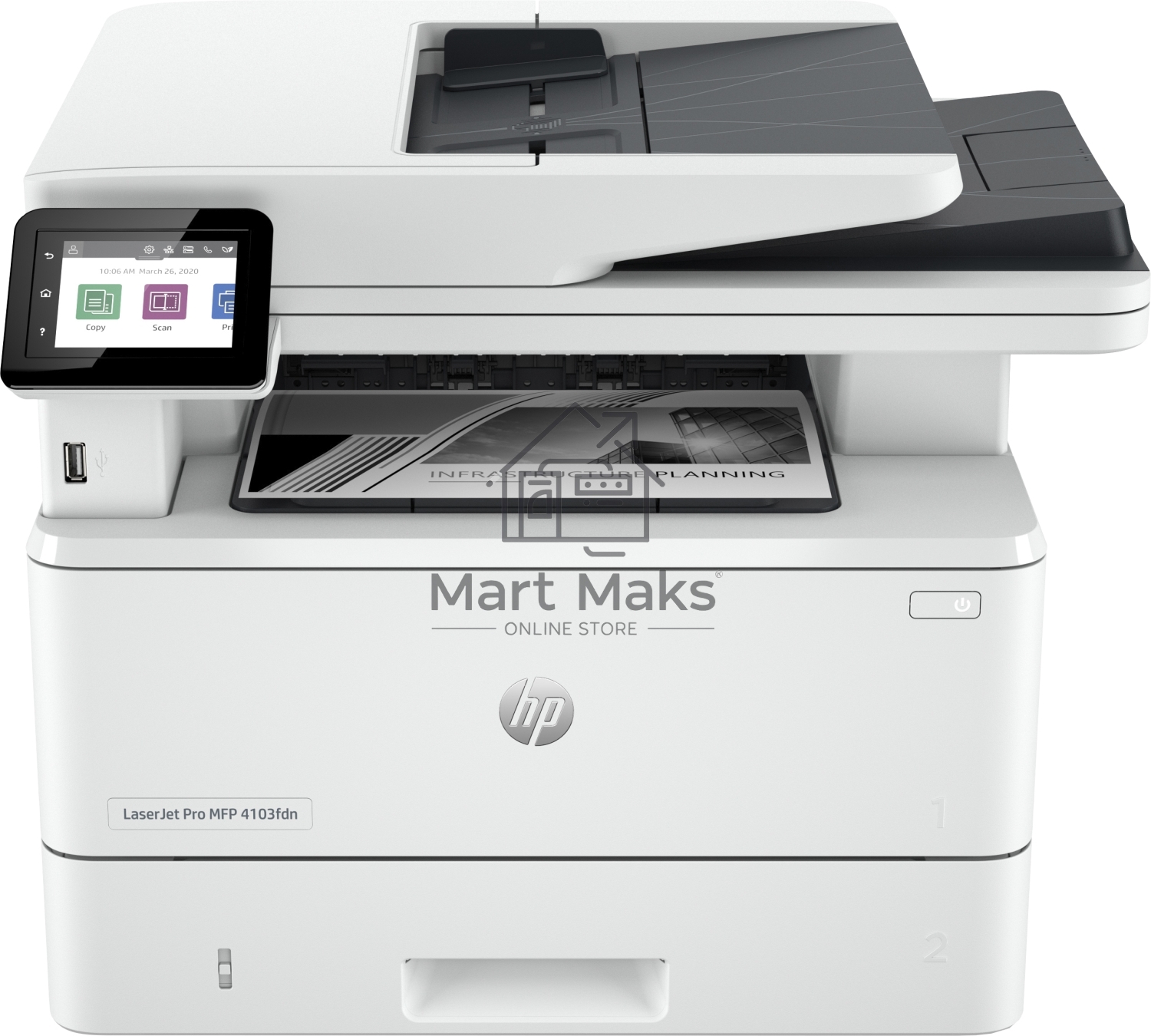МФУ лазерный HP LaserJet Pro 4103fdn (2Z628A), A4, ч/б, печ. до 40 стр/мин., скан. до 29 стр/мин. (ч/б) 20 стр/мин. (цвет), 1200 x 1200 dpi, USB, RJ-45, Air Print, Mopria