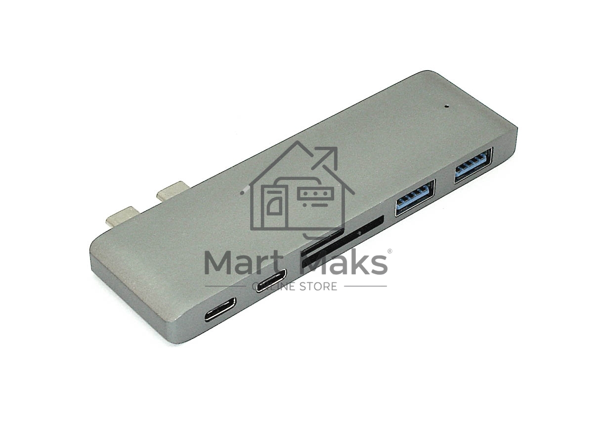 Адаптер сдвоенный Type C на USB 3.0*2 + Type C* 2 + SD/TF для MacBook, серый