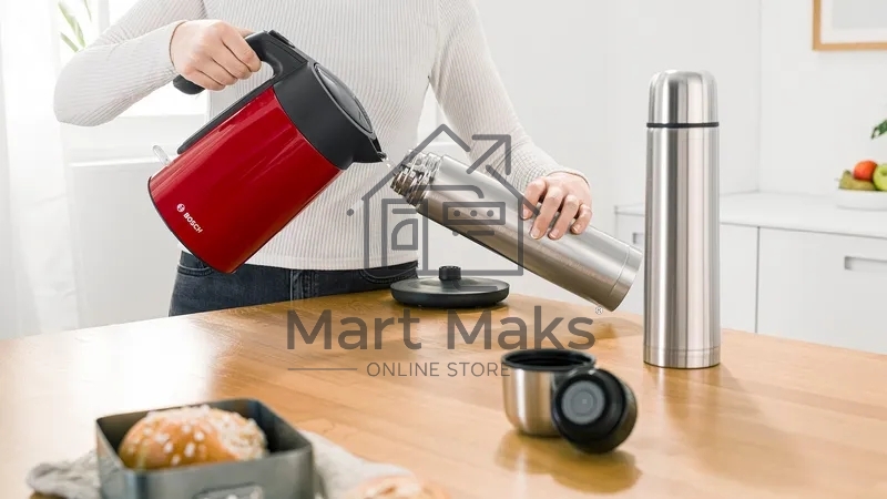 Чайник Bosch TWK7L464, 1.7л, 2400 Вт., нерж.сталь, покрытая эмалью, красный,шкала уровня воды