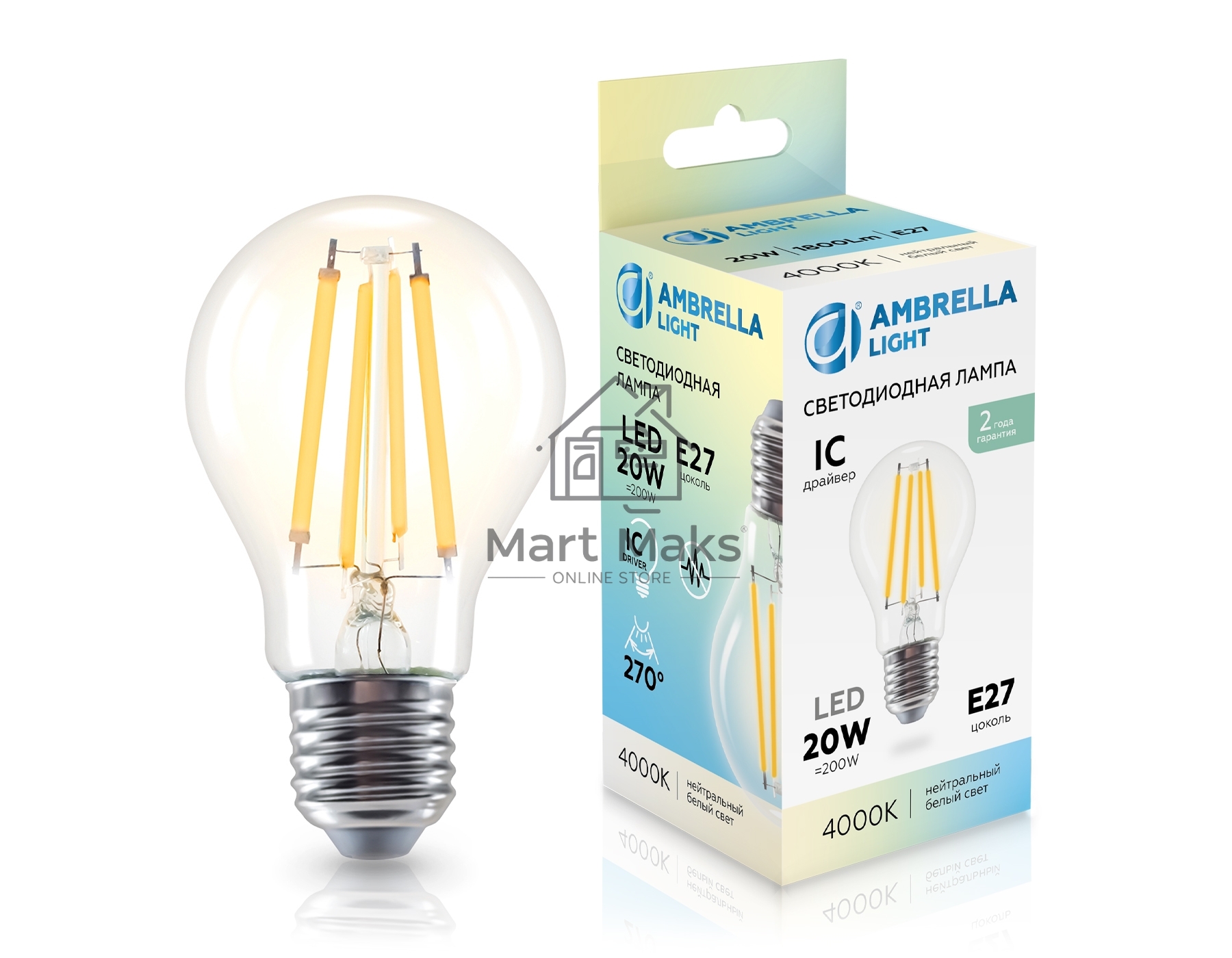 Лампа светодиодная 602014 Filament LED A60 20W IC E27 4000K 220-240V
