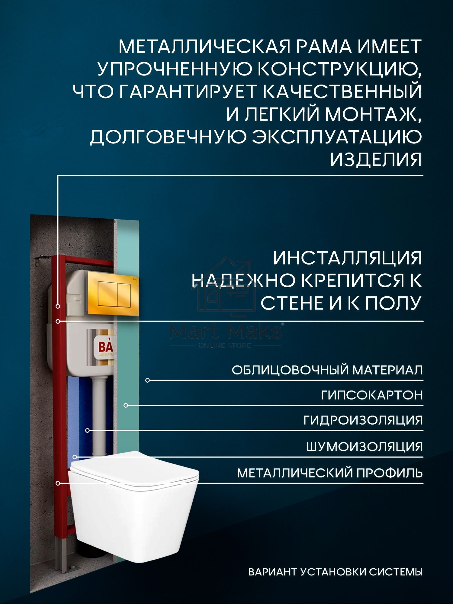 Комплект BAU 6 в 1: рамная инсталляция BAU NEO 45, унитаз подвесной безободковый вихревой со скрытым сливом Bau Stil Hurricane-5, сиденье дюропласт микролифт, кнопка смыва BAU Stil, золото