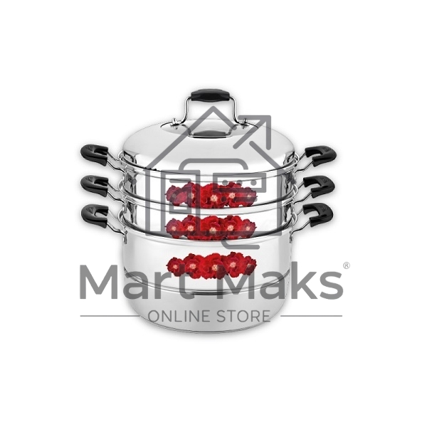 Мантоварка-пароварка LARA LR03-40 11,0л LR03-40 Мантоварка-пароварка LARA (нерж) 28x31см, 11л, 3 СЕКЦИИ + КРЫШКА с окном, сталь 0,5 мм