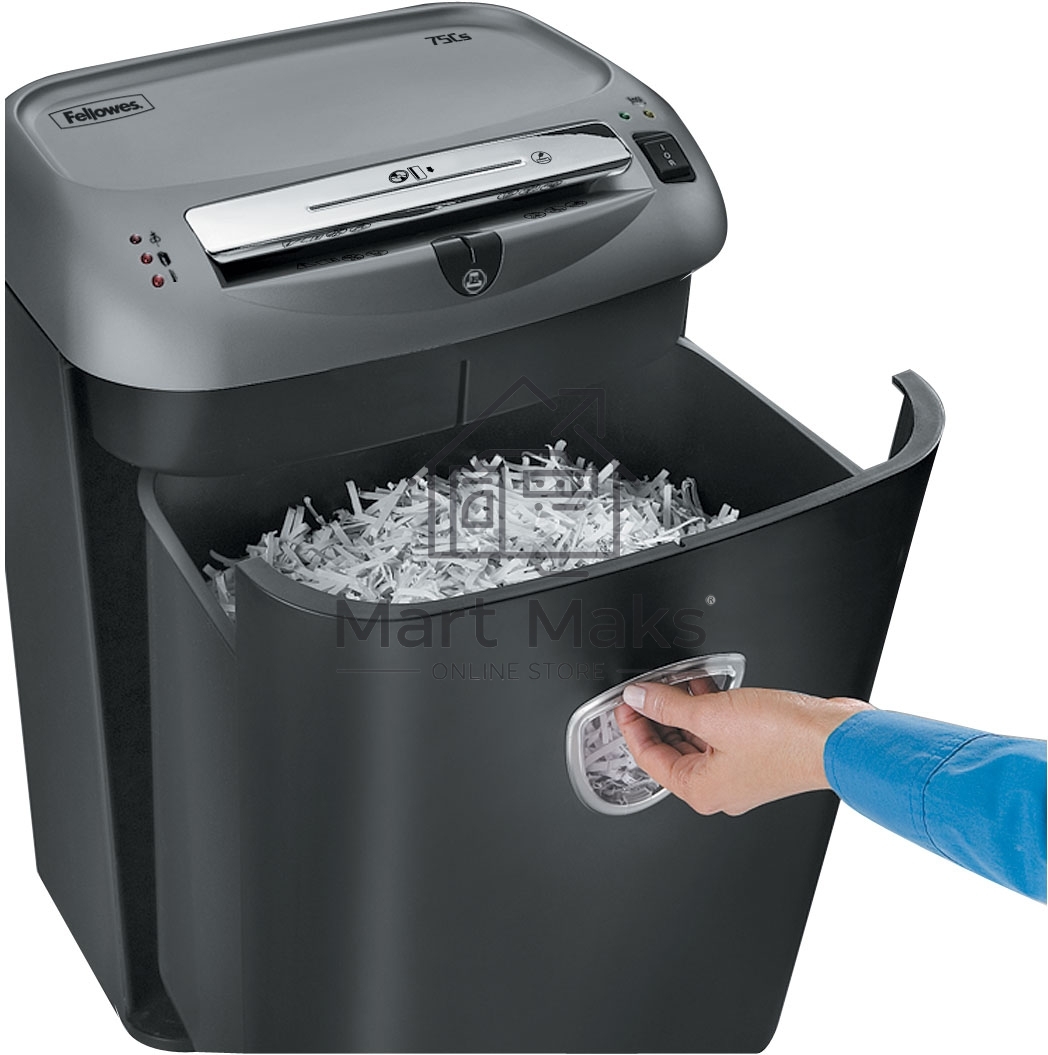 Шредер Fellowes Powershred 75Cs FS-46750 (FS-4675001/FS-4675002) авт., 3.9х50мм, 12лст., 27лтр., уничтожает: скобы, карты, скрепки, CD, селектор кол-ва листов