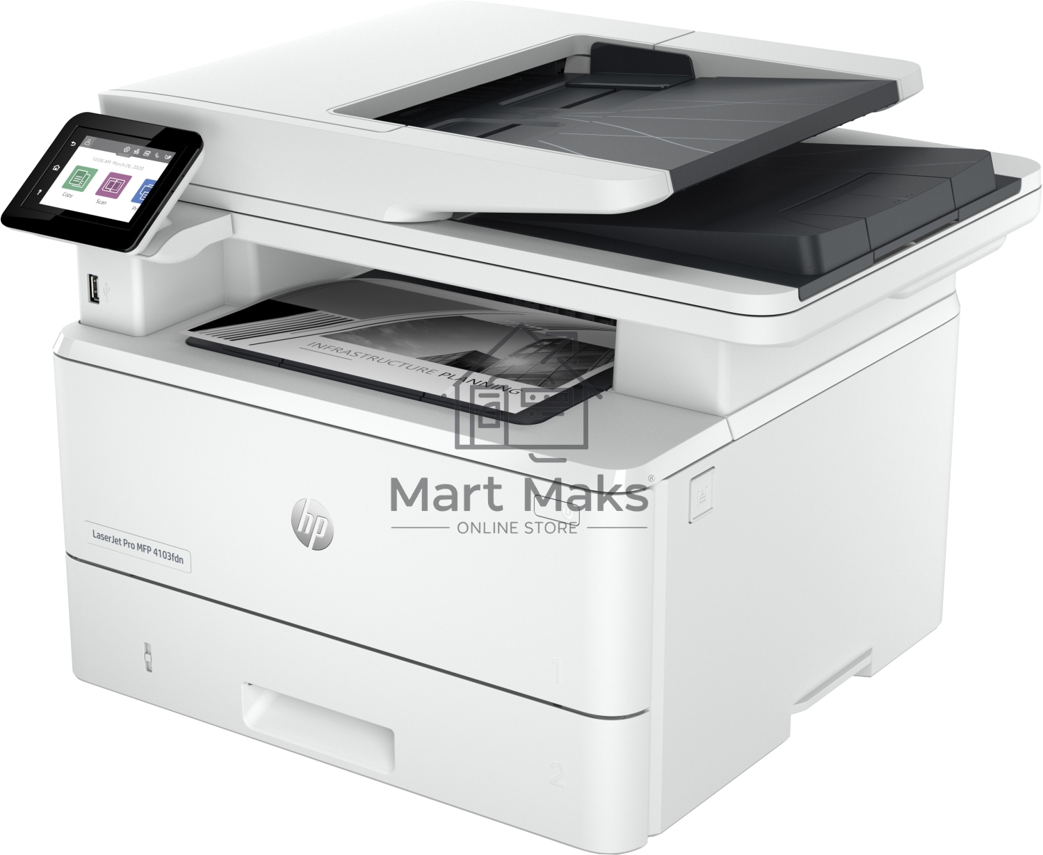 МФУ лазерный HP LaserJet Pro 4103fdn (2Z628A), A4, ч/б, печ. до 40 стр/мин., скан. до 29 стр/мин. (ч/б) 20 стр/мин. (цвет), 1200 x 1200 dpi, USB, RJ-45, Air Print, Mopria