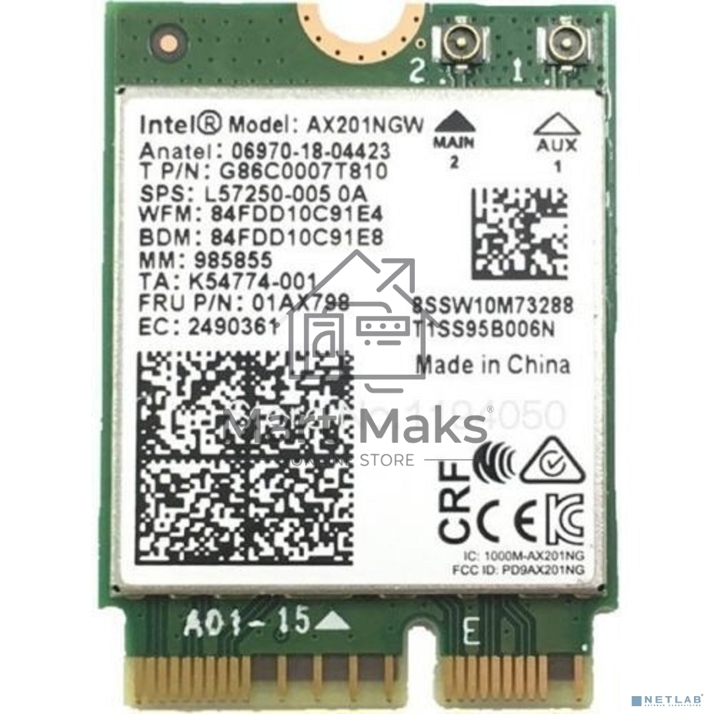 Плата сетевого контроллера Intel® Wi-Fi 6 AX201, 2230, 2x2 AX+BT, No vPro®,999TD0