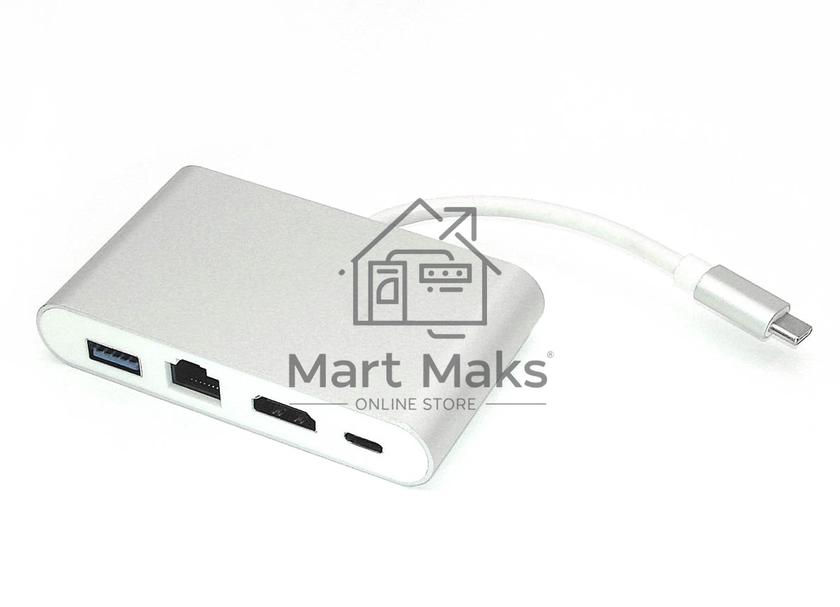 Адаптер Type-C на HDMI, USB 3.0 + RJ45, серебро