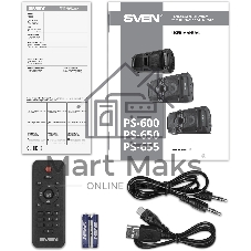Мобильные колонки SVEN PS-655 2.0 черные (2x25W, mini Jack, USB Type-C, USB flash, Bluetooth, FM, micro SD, ПДУ, LED экран, 4400 мA, RGB подсветка)