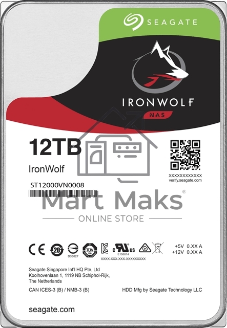 Жесткий диск Seagate Ironwolf ST12000VN0008, 12TB SATA 6.0Gb/s, 7200 rpm, 256mb buffer, 3.5