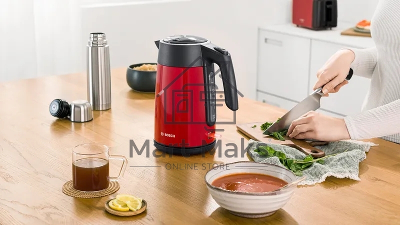 Чайник Bosch TWK7L464, 1.7л, 2400 Вт., нерж.сталь, покрытая эмалью, красный,шкала уровня воды