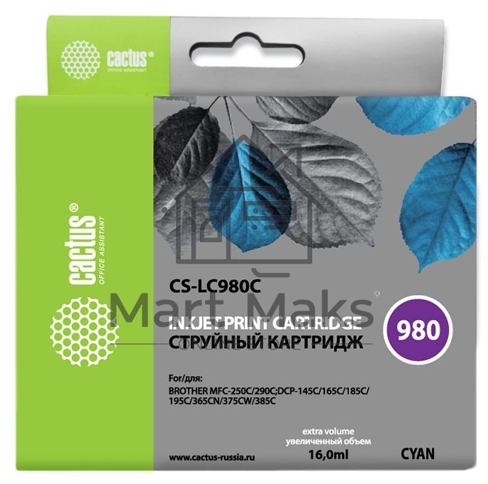 Картридж струйный Cactus CS-LC980C голубой (16 мл) для Brother DCP-145C/165C MFC-250C/290C