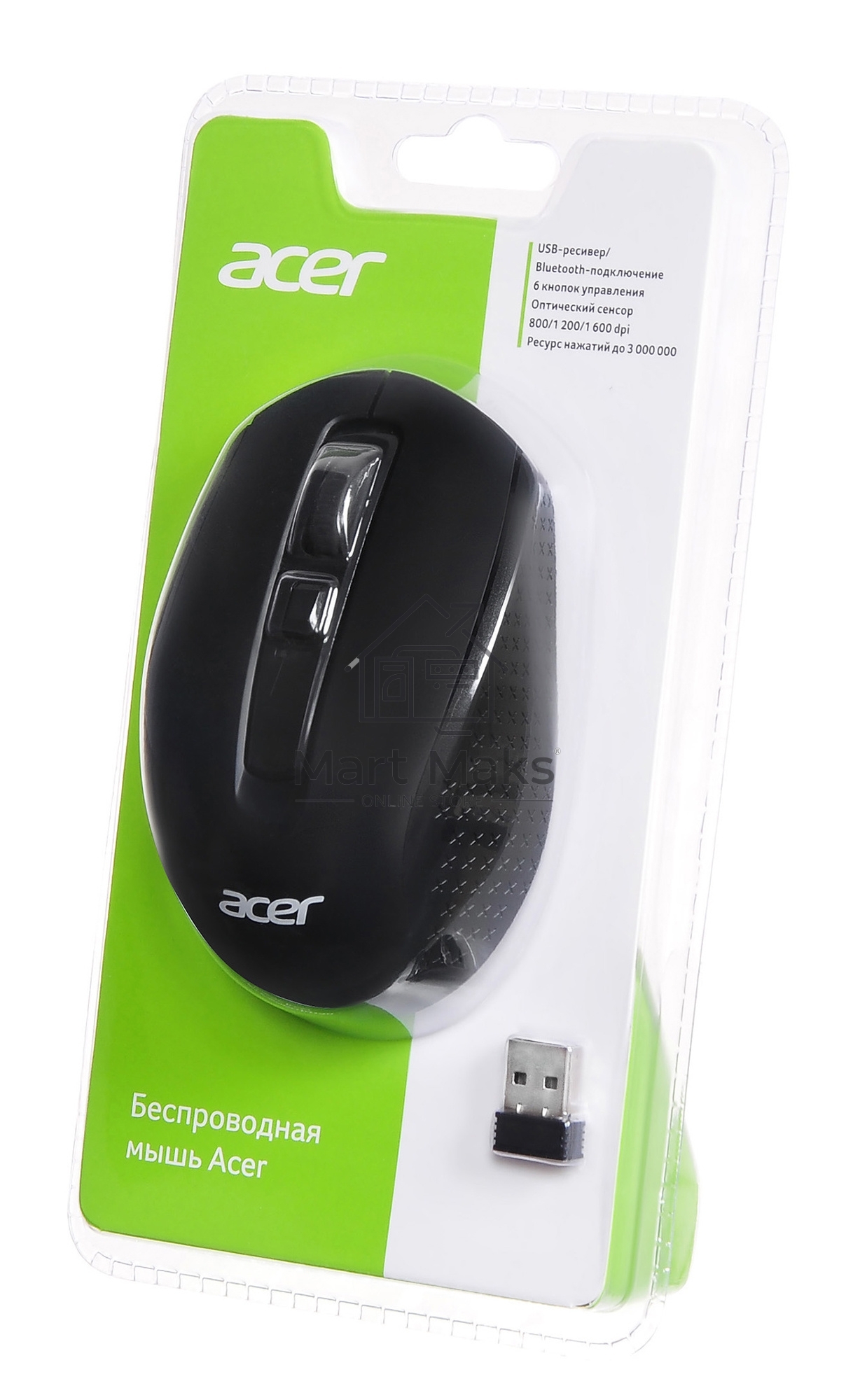 Мышь беспроводная Acer OMR070 черный, 1600 dpi, радиоканал, Bluetooth, USB, кнопки - 6