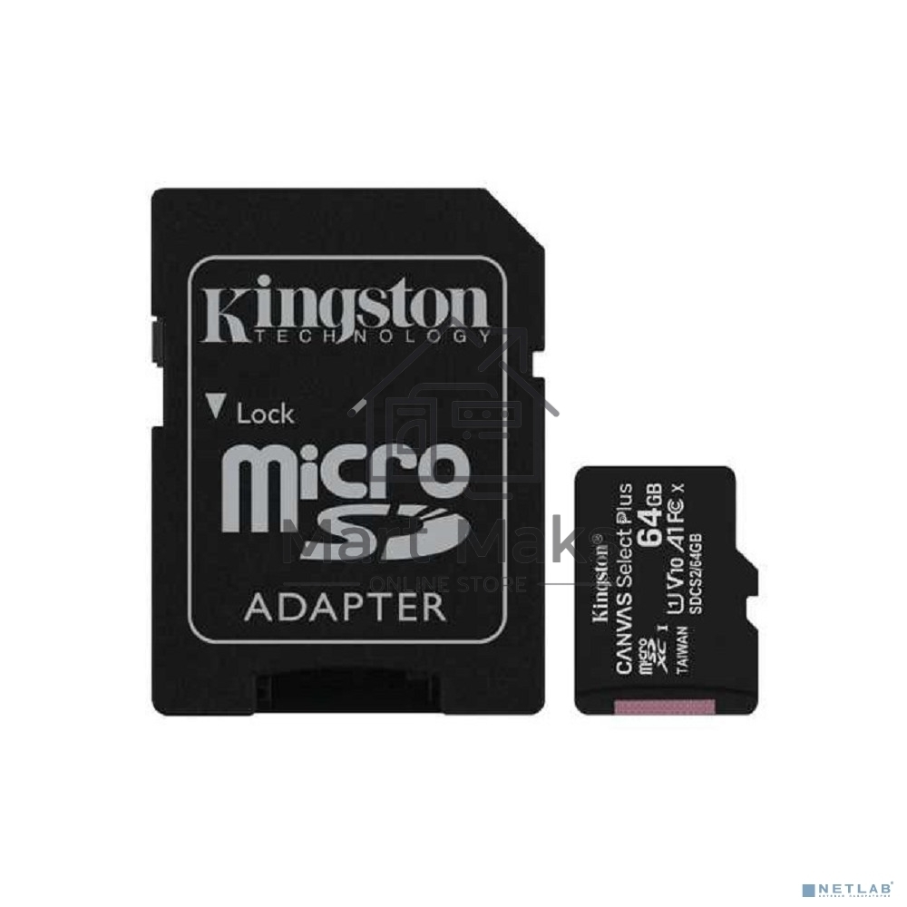 Флеш карта microSDHC 64GB microSDXC Class10 Kingston <SDCS2/64GB> Class10 UHS-I Canvas Select up to 100MB/s с адапт.
