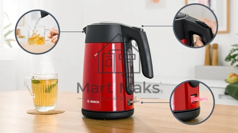 Чайник Bosch TWK7L464, 1.7л, 2400 Вт., нерж.сталь, покрытая эмалью, красный,шкала уровня воды