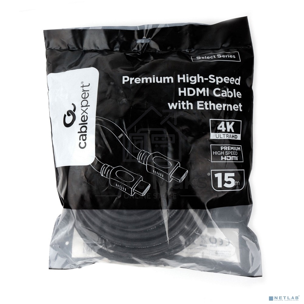 Кабель HDMI Cablexpert CC-HDMI4L-15M, 15м, v2.0, 19M/19M, серия Light, черный, позол.разъемы, экран, пакет
