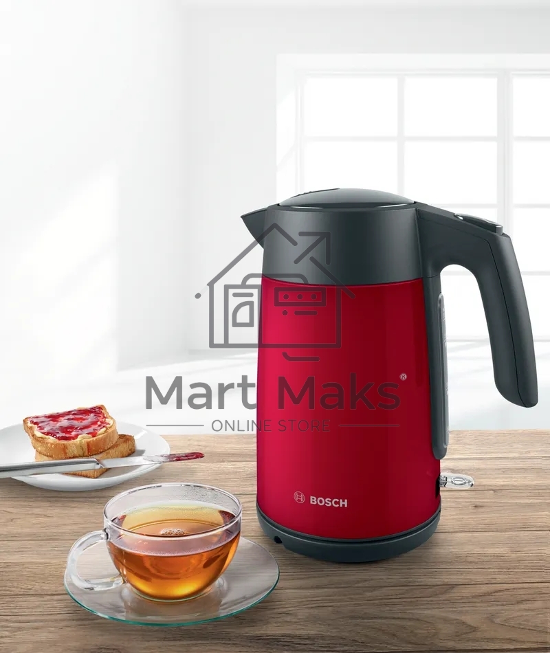 Чайник Bosch TWK7L464, 1.7л, 2400 Вт., нерж.сталь, покрытая эмалью, красный,шкала уровня воды