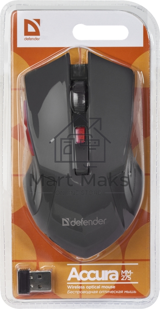 Мышь беспроводная Defender Accura MM-275 красный, 1600 dpi, радиоканал, USB, кнопки - 6