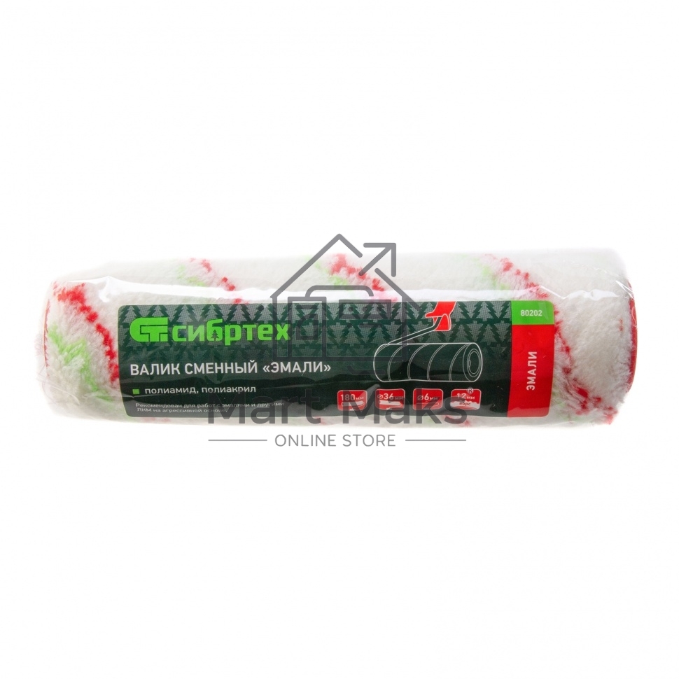 Валик Сибртех сменный Эмали, 180 мм, ворс 12 мм, D - 36 мм, D ручки - 6 мм, полиамид,полиакрил