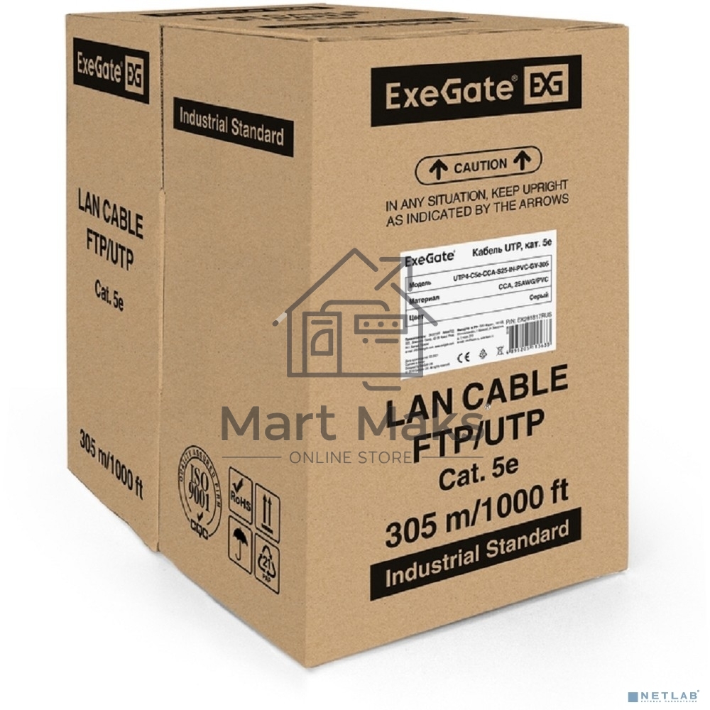 Кабель ExeGate UTP 4 пары кат.5e CCA, 25AWG, бухта 305м, серый, PVC