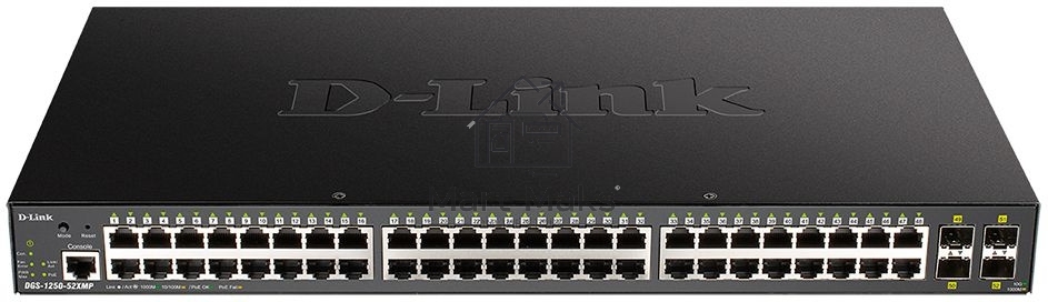 Коммутатор D-Link DGS-1250-52XMP/A1A, L2 Smart Switch with 48 10/100/1000Base-T ports and 4 10GBase-X SFP+ ports (48 PoE ports 802.3af/802.3at (30 W), PoE Budget 370W).16K Mac address, 802.3x Flow Control, 4K