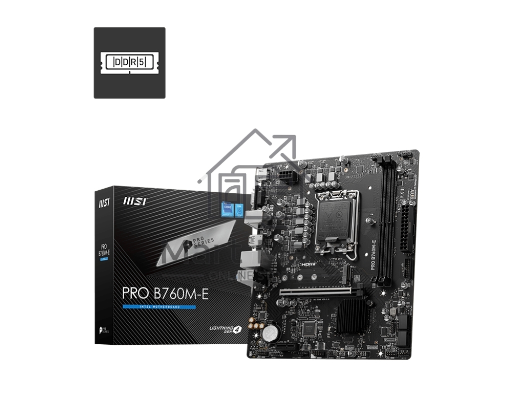 Материнская плата MSI PRO B760M-E, LGA 1700, Intel B760, 2xDDR5, 4xSATA, 1xM.2, 1xPCIe 4.0 x16, 1xPCIe 4.0 x1, 1xHDMI, 1xVGA, 1x1Gb LAN, 2xUSB-A 3.2 Gen 1, 4xUSB-A 2.0, 3x3.5 мм, 7.1, mATX