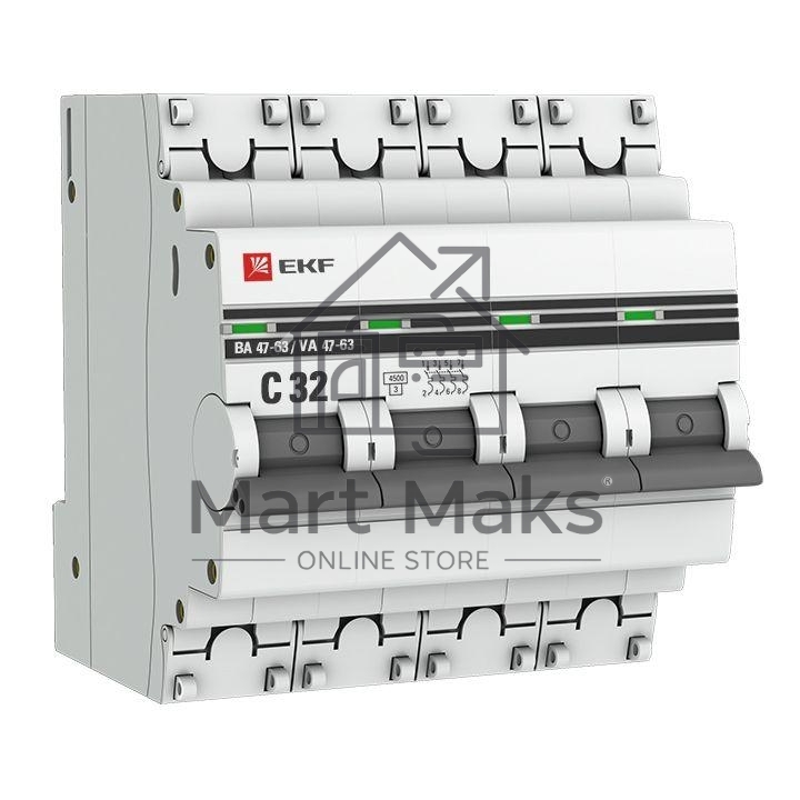 Выключатель автоматический модульный 4п C 32А 4.5кА ВА 47-63 PROxima EKF mcb4763-4-32C-pro