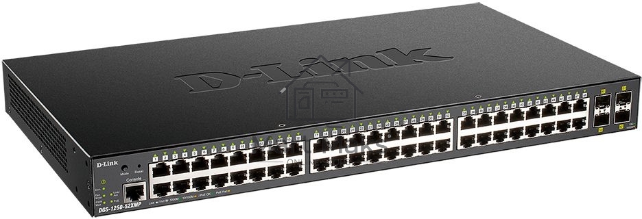 Коммутатор D-Link DGS-1250-52XMP/A1A, L2 Smart Switch with 48 10/100/1000Base-T ports and 4 10GBase-X SFP+ ports (48 PoE ports 802.3af/802.3at (30 W), PoE Budget 370W).16K Mac address, 802.3x Flow Control, 4K