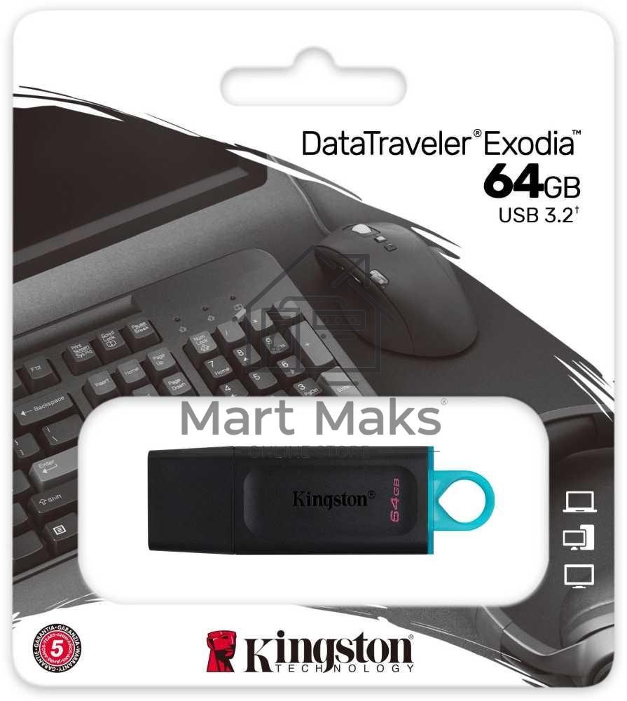Флешка USB R/W R/W Kingston 64GB USB3.2 Gen 1 DataTraveler Exodia (Black + Teal)