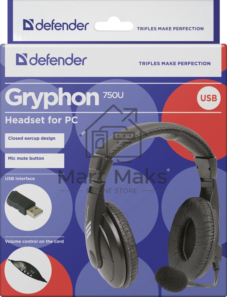 Гарнитура Defender Gryphon 750U USB, черный, 1.8м кабель