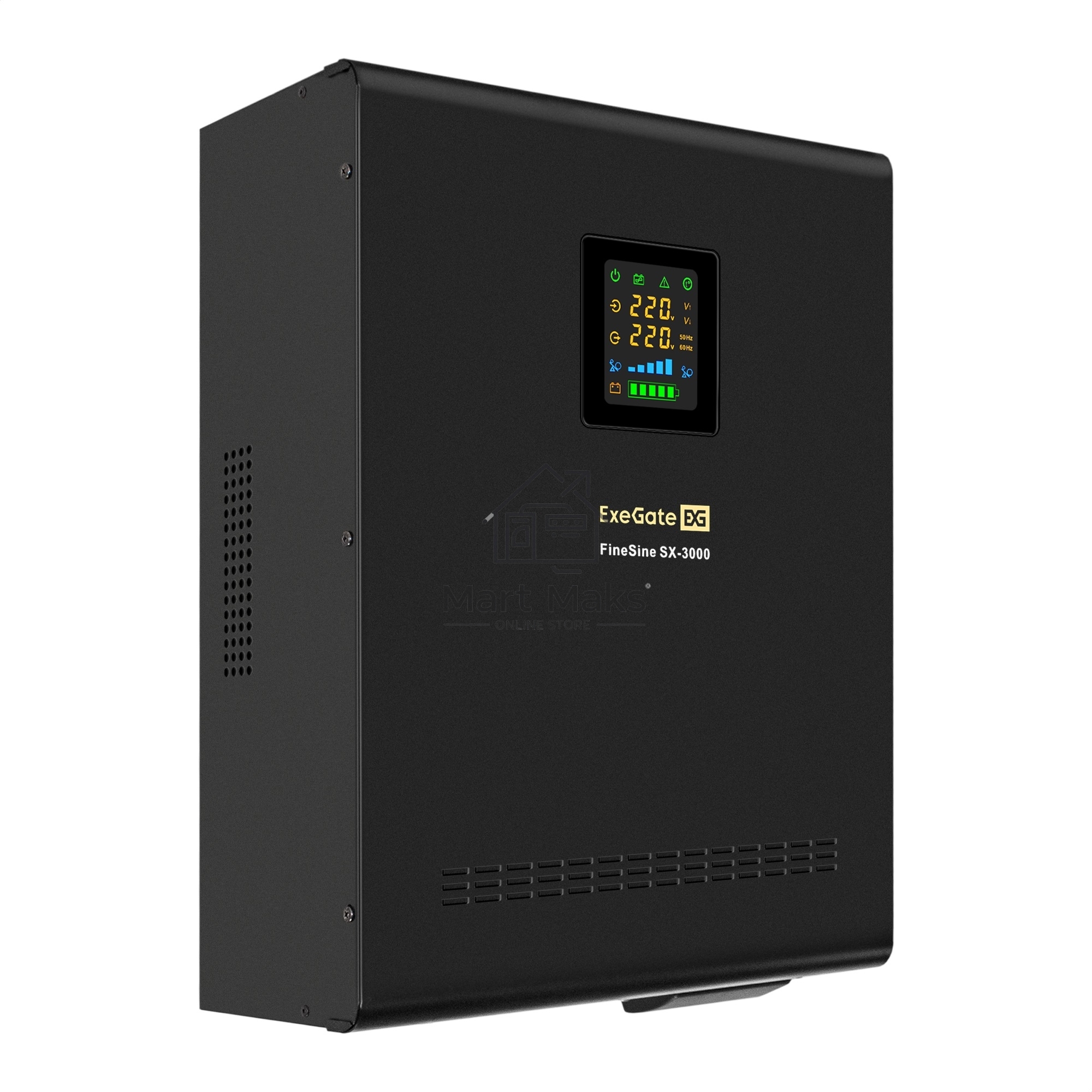 Источник бесперебойного питания (инвертор, синус, для котла, настенный) ExeGate FineSine SX-3000.LCD.AVR.2SH.T 3000VA/2100W, чистая синусоида, цветной LCD-дисплей, AVR, 2*Schuko+клеммы, линейно-интерактивный, внешняя батарея 48В до 200А·ч (поставляется от